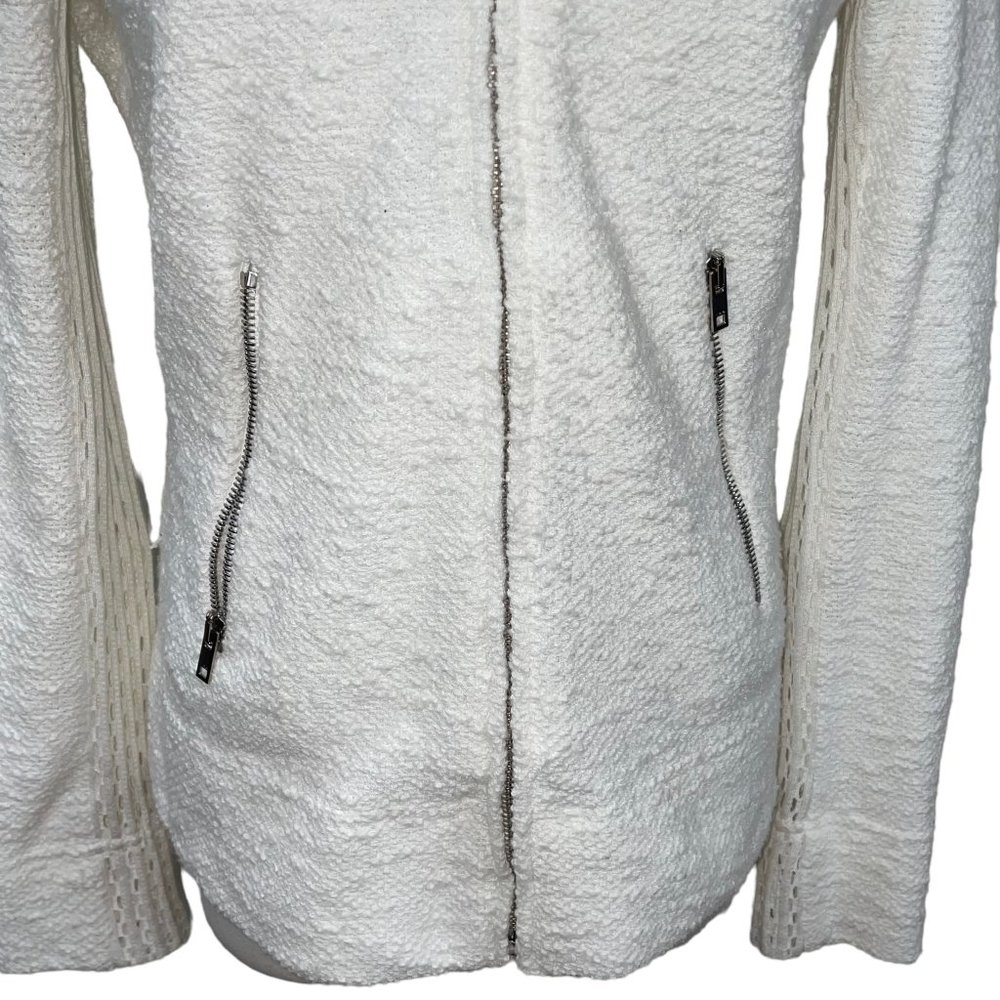 IRO Hurley White Leather Trim Textured Knit Zip Jacket FR38 Pockets Embroidered - Picture 6 of 12